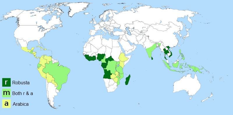 Word Coffee Growing Regions showing Robusta and Arabica areas